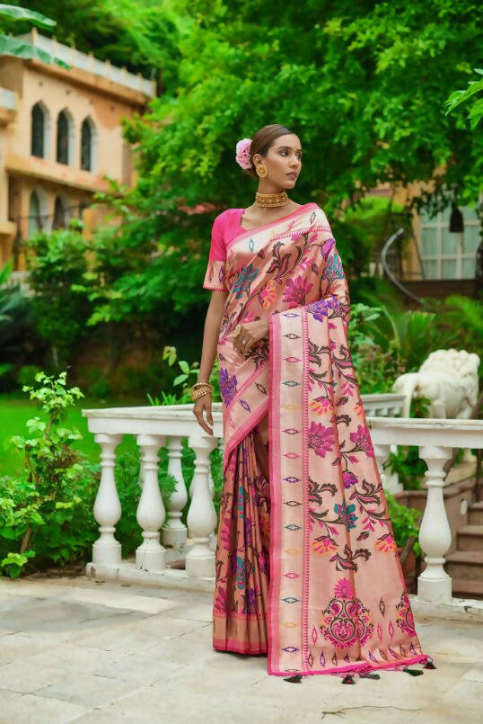 Vishnu Weaves Women's Pink Paithani Silk Zari Woven Saree with Unstitched Blouse - Swadesiicart