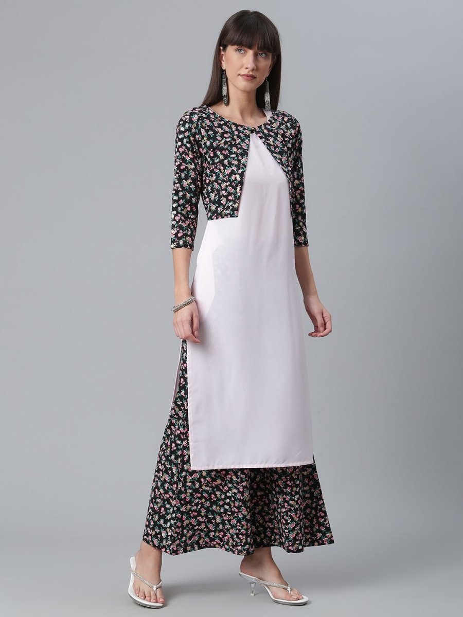 Ahalyaa Light Pink Crepe Solid Kurta And Palazzo Set With Jacket | Swadesiicart