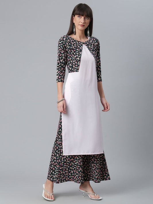 Ahalyaa Light Pink Crepe Solid Kurta And Palazzo Set With Jacket | Swadesiicart