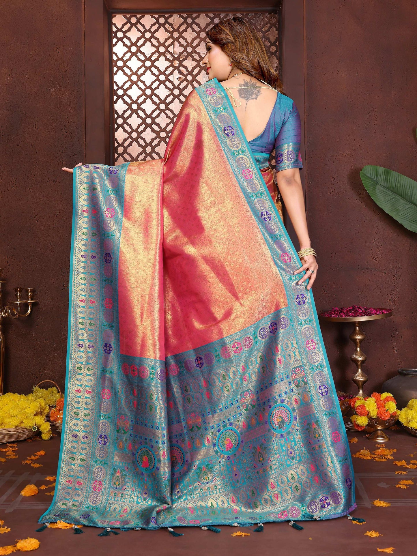 Aastha Fashion Orange Tissue Silk Weaving Saree