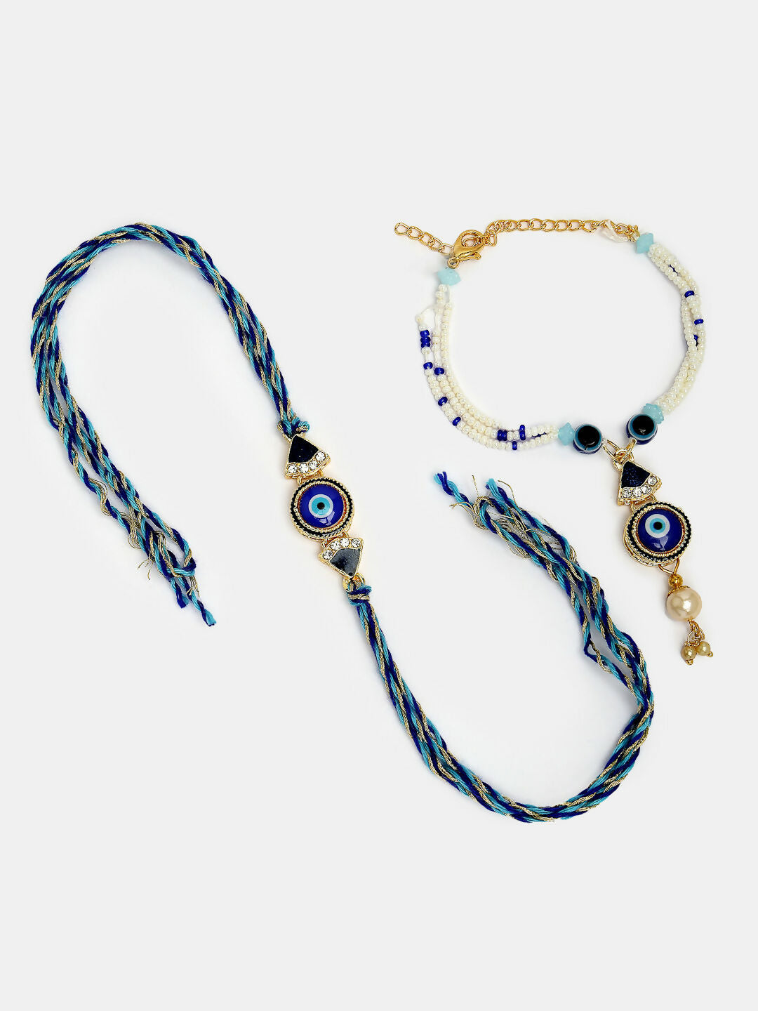 NVR Women & Men Set of 2 Blue Evil Eye Bhaiya Bhabhi Rakhi With Roli Chawal | Swadesiicart