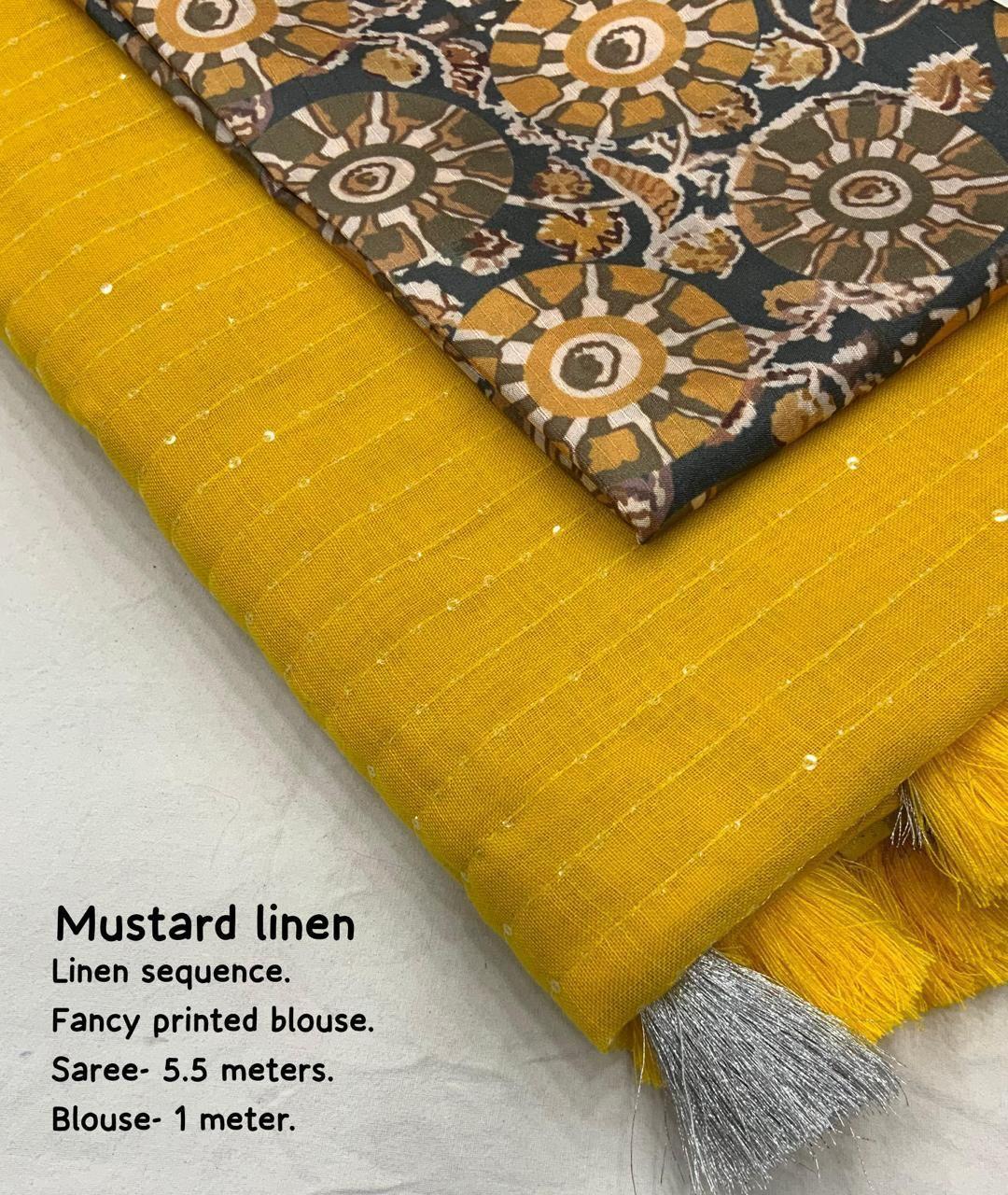 Mustard Linen Sequence Saree with Unstitched Blouse - Hiral Fashion | Swadesiicart