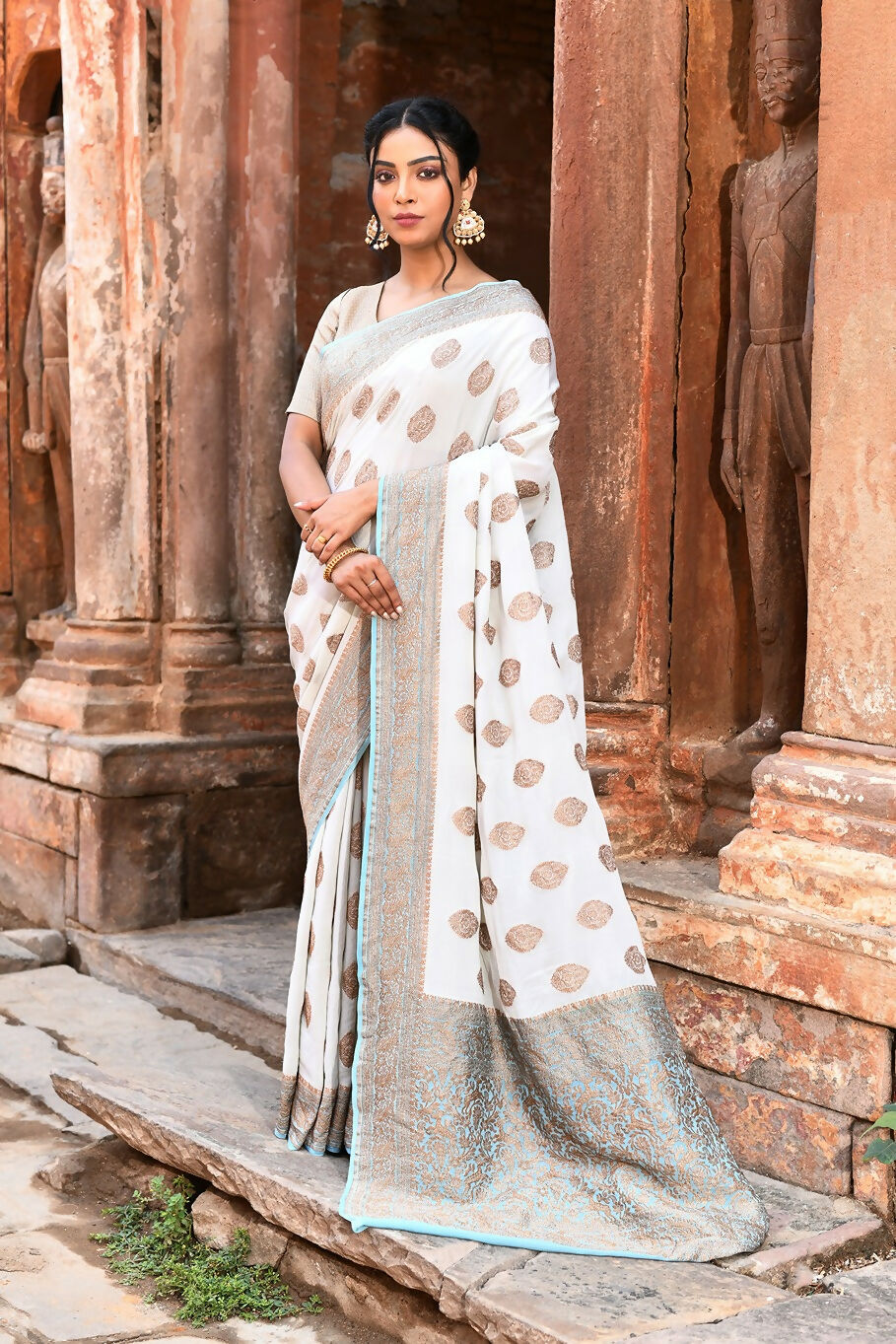 Joban Fashion Light Sky Blue Crepe Chiffon Pure Handloom Banarasi Silk Saree | Swadesiicart