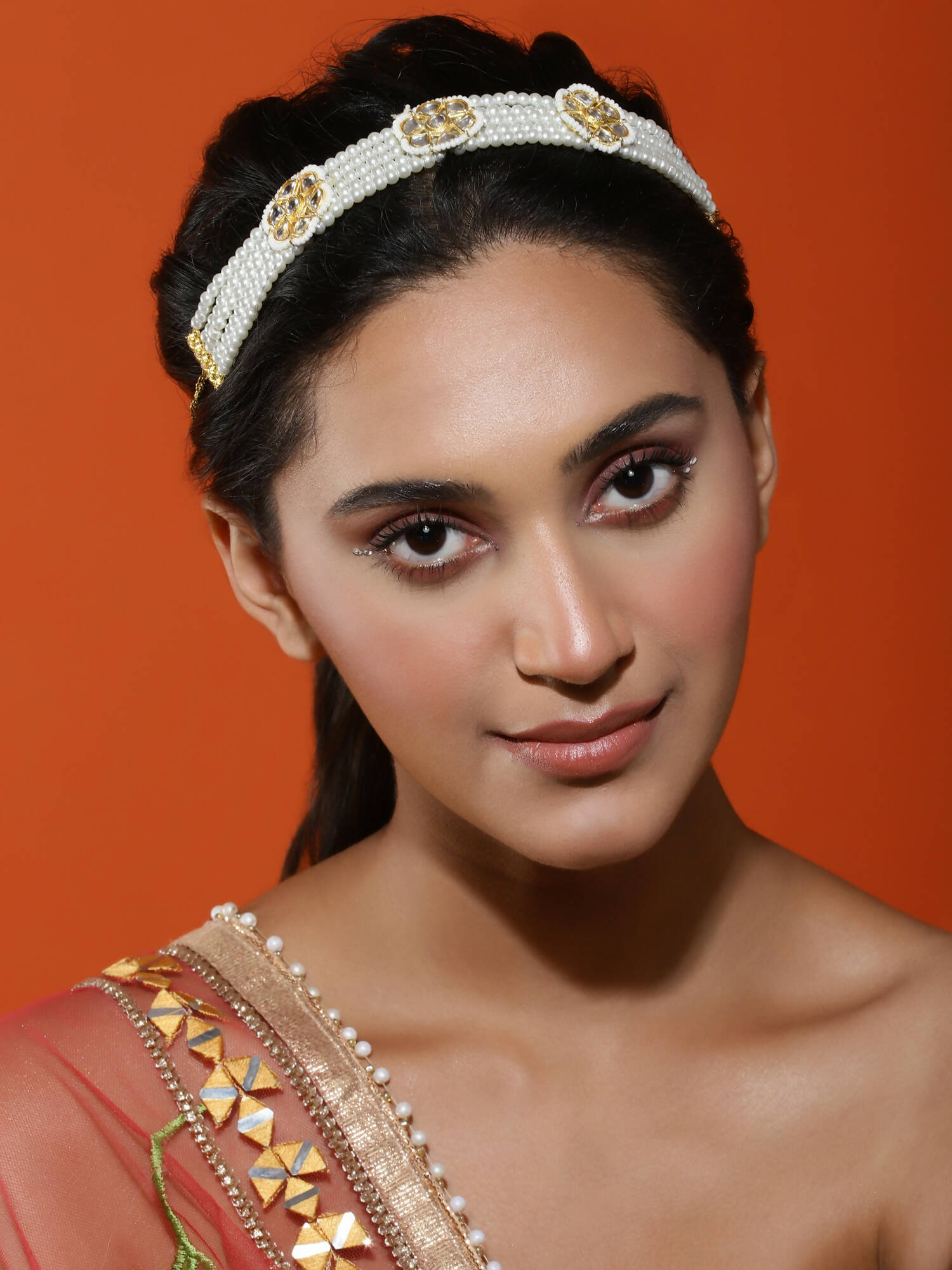 Gold-Polished White Kundan Studded Headband - Ruby Raang | Swadesiicart