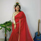 Exclusive Collection Beautiful Khadi Cotton Handloom Saree With Beautiful Zari Border - Red - Swadesiicart