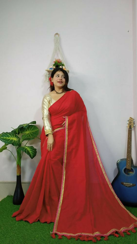 Exclusive Collection Beautiful Khadi Cotton Handloom Saree With Beautiful Zari Border - Red - Swadesiicart