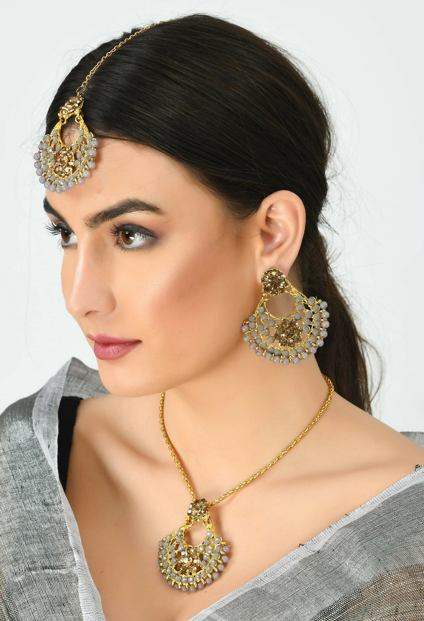 Mominos Fashion Johar Kamal Gold-Polished Brass Finish Long Necklace For Women (Golden/Grey) | Swadesiicart