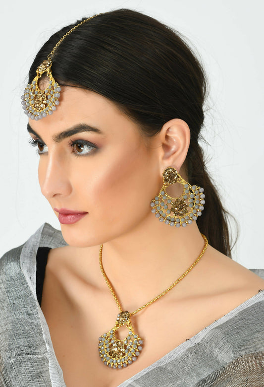 Mominos Fashion Johar Kamal Gold-Polished Brass Finish Long Necklace For Women (Golden/Grey) | Swadesiicart