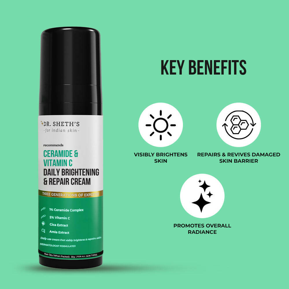 Dr. Sheth's Ceramide & Vitamin C Daily Brightening & Repair Face Cream With 5% Vitamin C, Cica & Amla, Brightens & Repairs Skin - Limited Time Offer - Swadesiicart