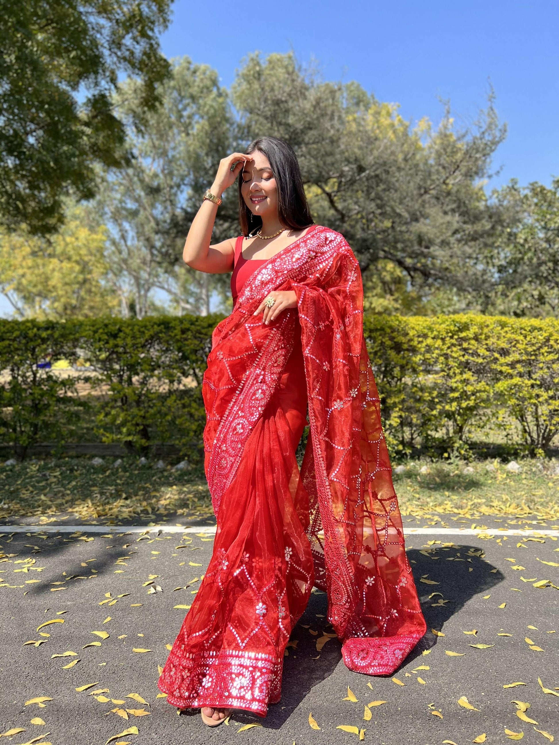 Vamsee Naina Red Organza Saree - Swadesiicart