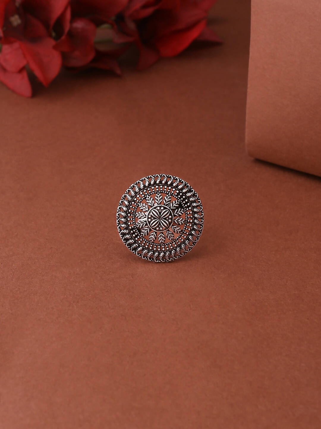 NVR Women's Oxidised Silver Plated Adjustable Finger Ring | Swadesiicart