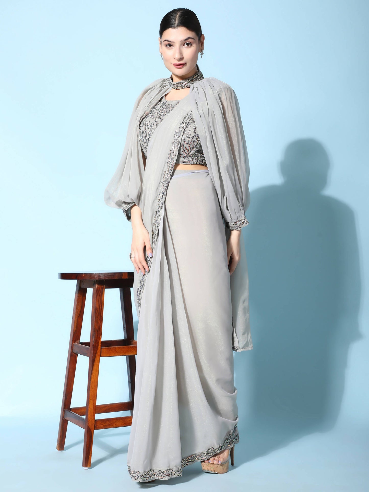 Grey Fancy Pure Fabric Plain Ready to wear Saree with stitched Blouse - Vrinda | Swadesiicart