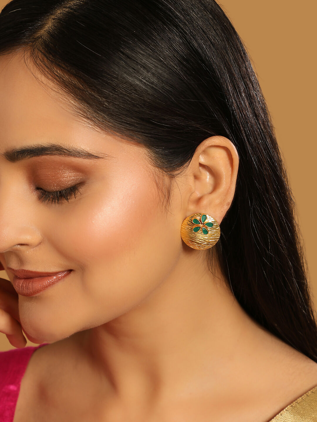 Nuyug 22K Gold-Plated Faux Emerald Stones Studded Circular Floral Shaped Motif Studs | Swadesiicart
