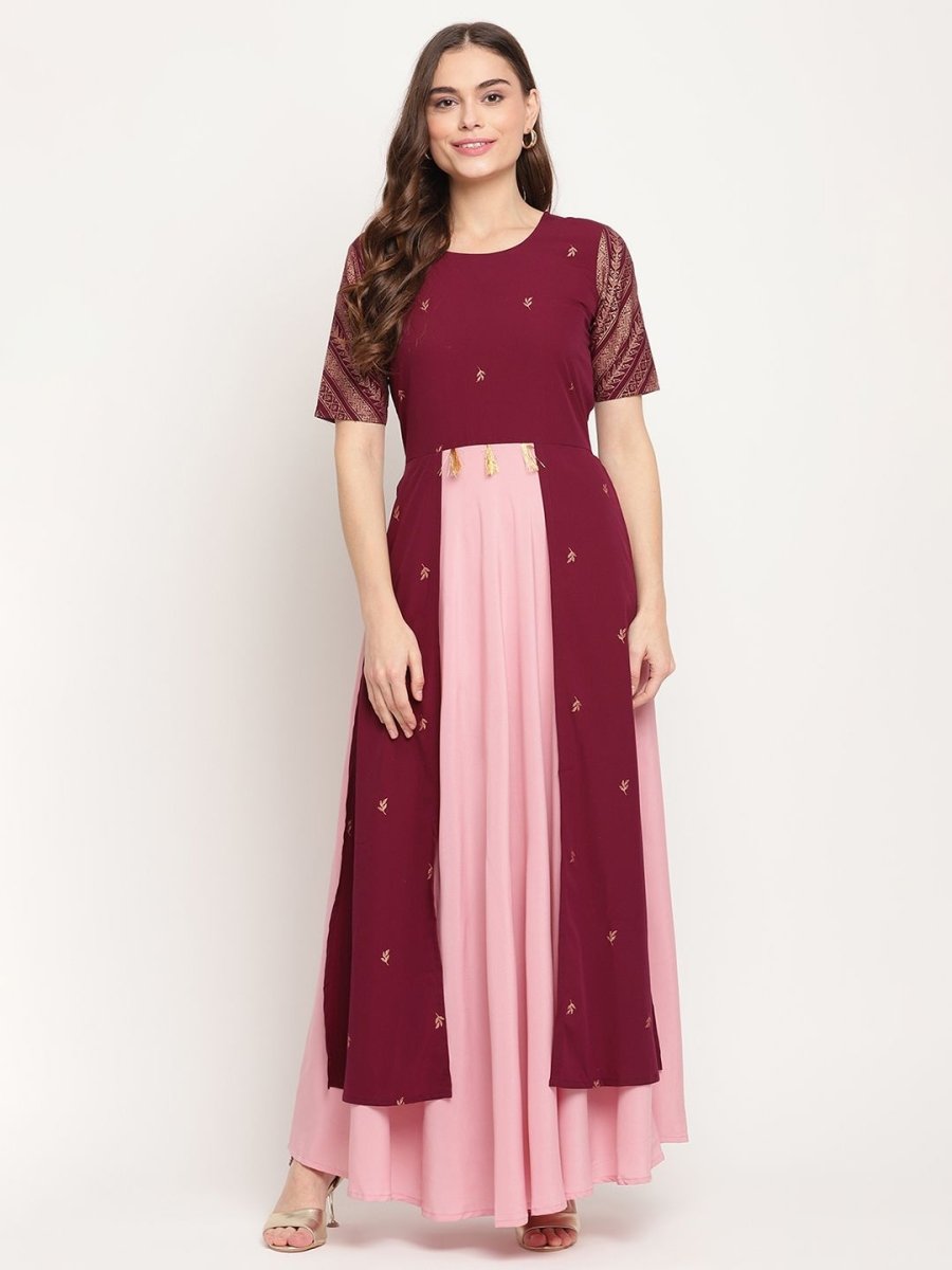 Ahalyaa Women Wine Crepe Glitter Print Dress | Swadesiicart
