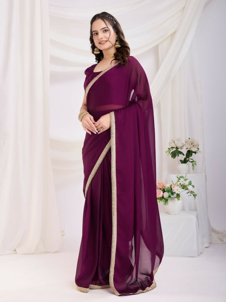 Purple Rangoli Silk Solid, Lace Border Ready To Wear Saree - Kashvi | Swadesiicart