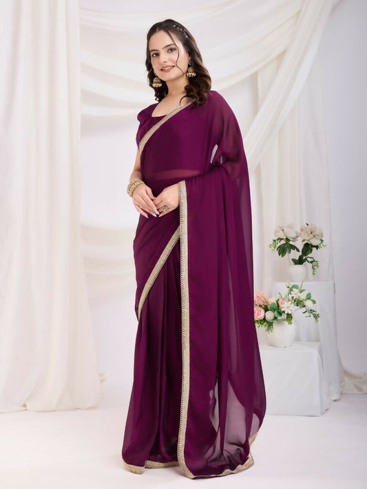 Purple Rangoli Silk Solid, Lace Border Ready To Wear Saree - Kashvi | Swadesiicart