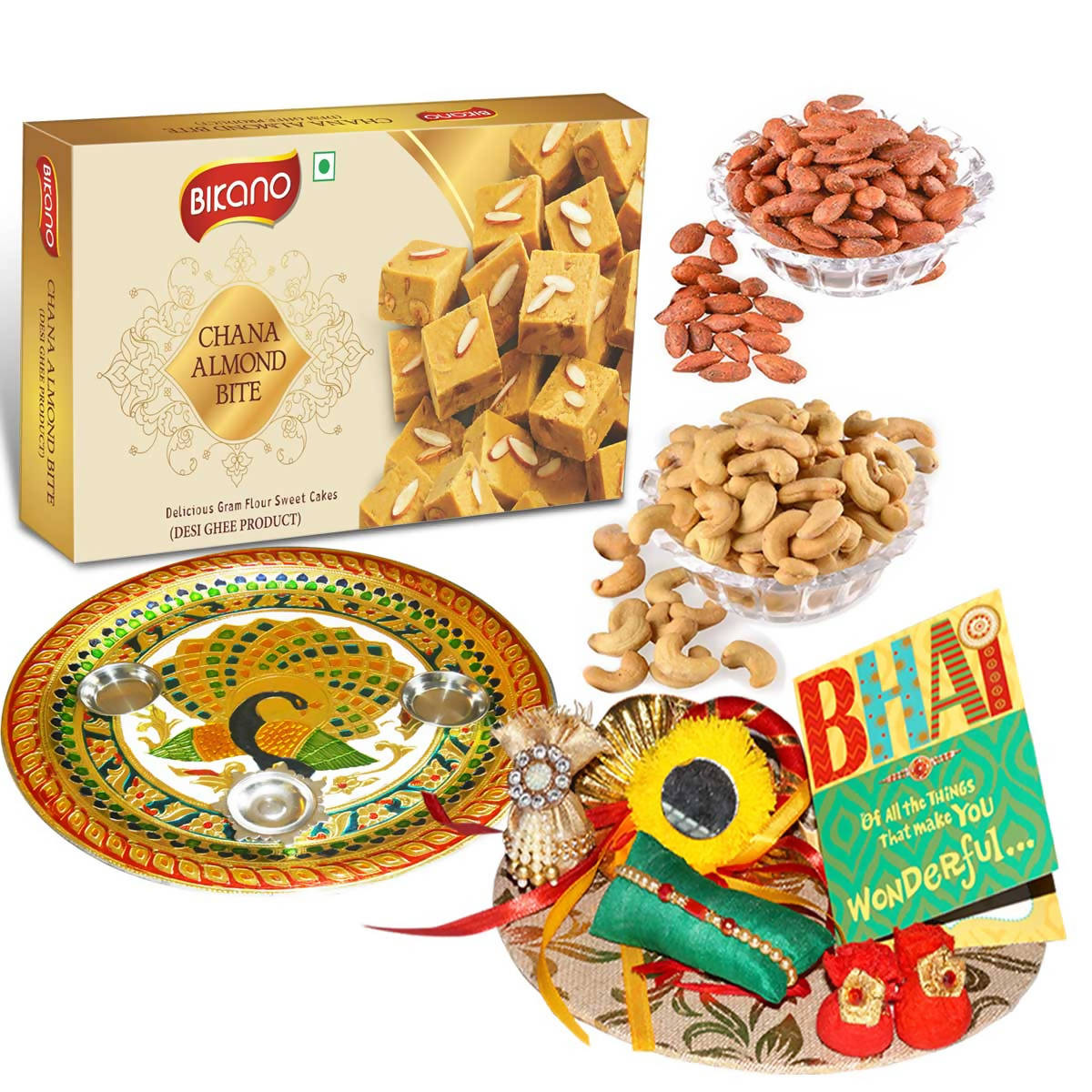 Bikano Chana Almond Bite and Dryfruits Rakhi Puja Thali Gift | Swadesiicart