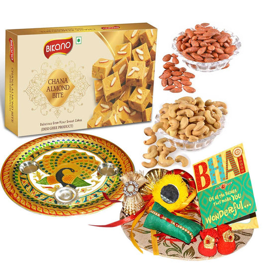 Bikano Chana Almond Bite and Dryfruits Rakhi Puja Thali Gift | Swadesiicart