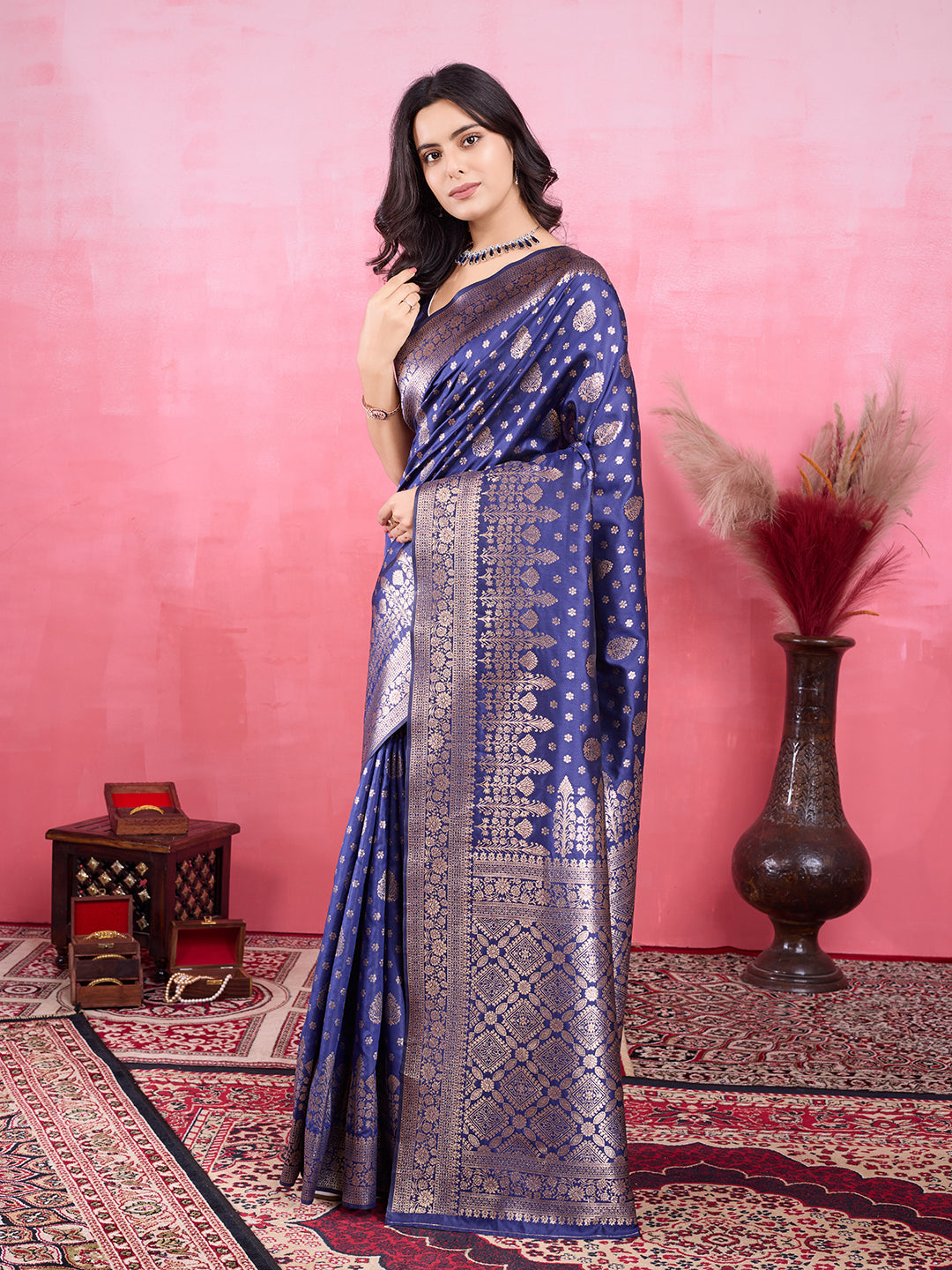 Vedant Vastram Banarasi Silk Fashion Saree - Navy | Swadesiicart