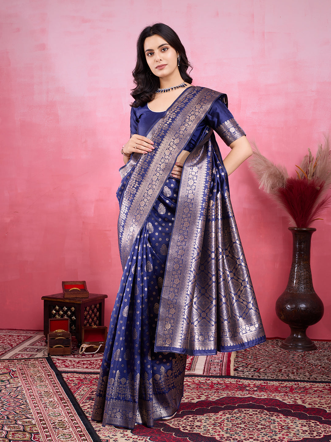Vedant Vastram Banarasi Silk Fashion Saree - Navy | Swadesiicart