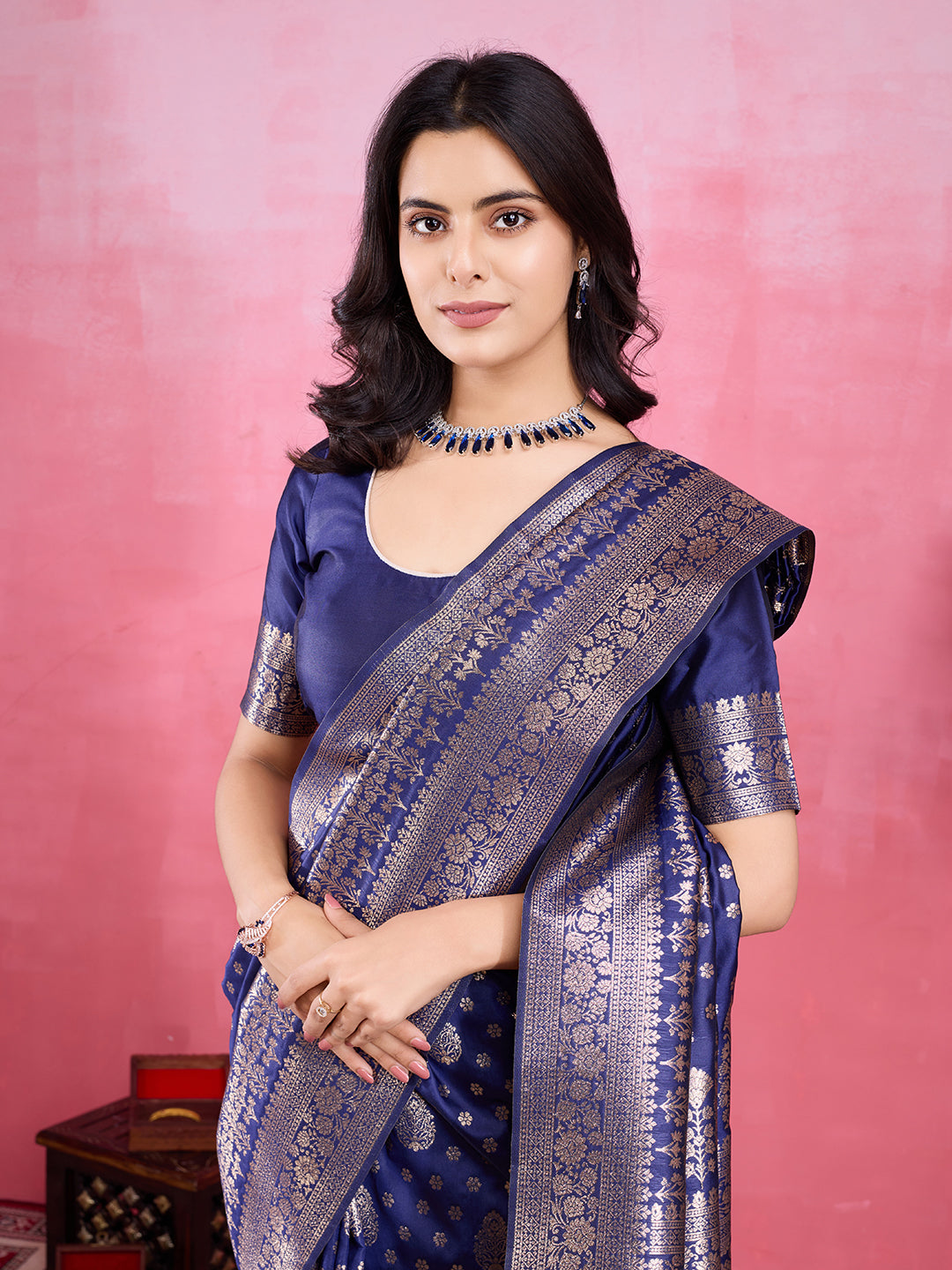 Vedant Vastram Banarasi Silk Fashion Saree - Navy | Swadesiicart