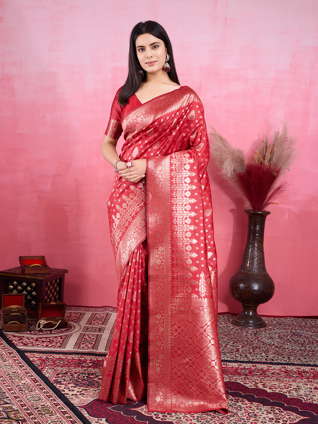 Vedant Vastram Banarasi Silk Fashion Saree - Red | Swadesiicart