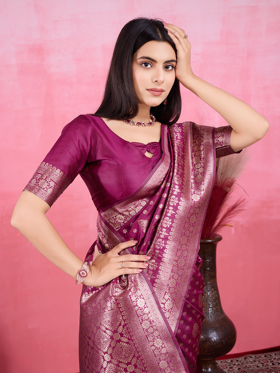 Vedant Vastram Banarasi Silk Fashion Saree - Wine | Swadesiicart