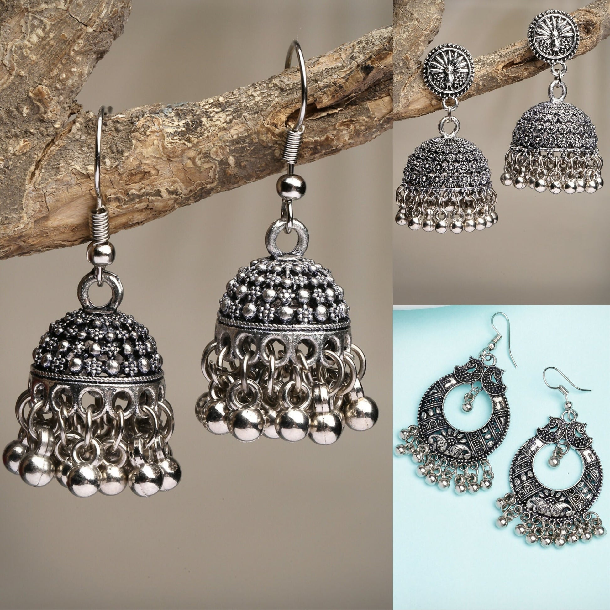 NVR Women's Set of 3 Silver-Toned German Silver Oxidised Dome Shaped Jhumka Earrings | Swadesiicart