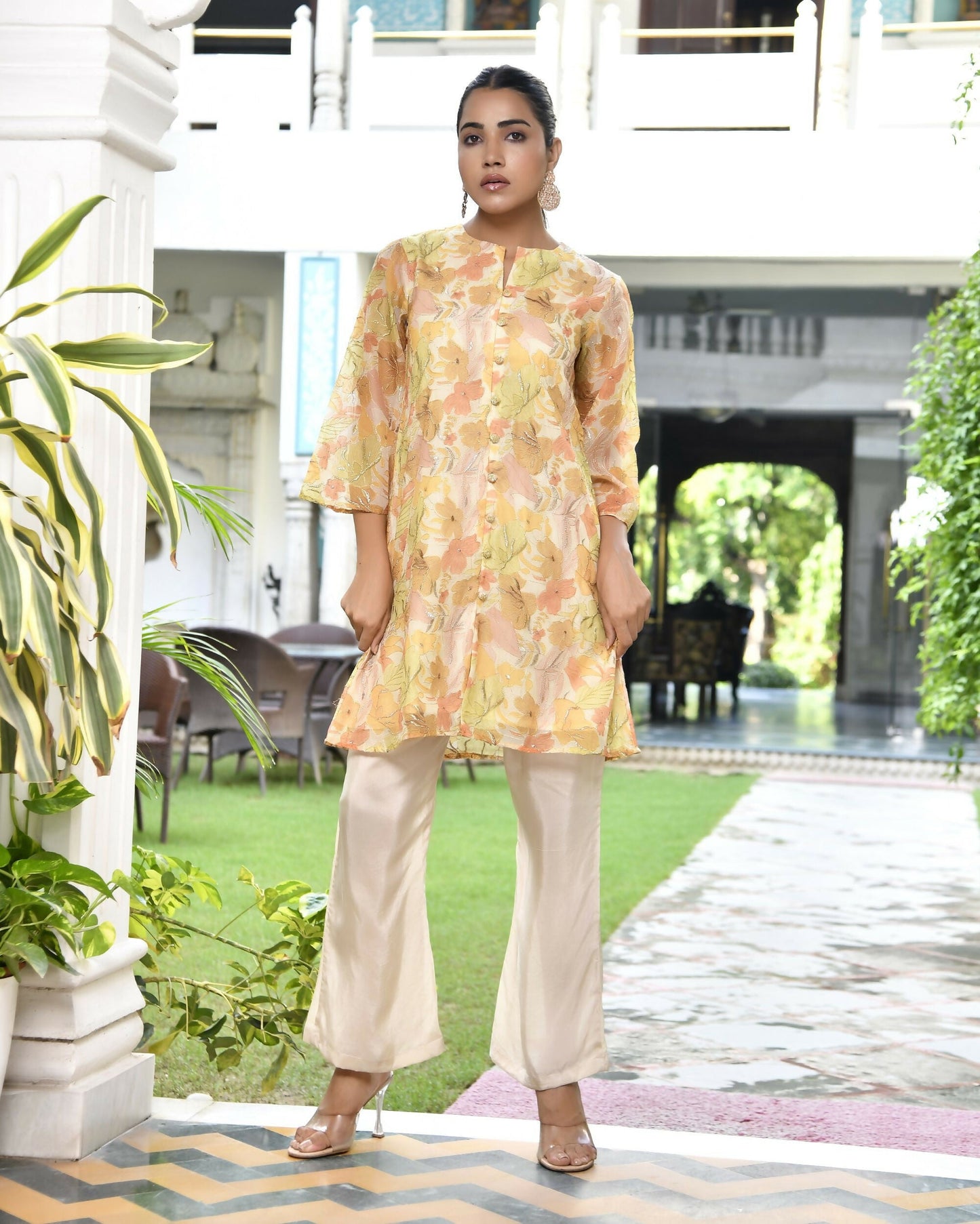 Vaasva Women's Lemon Yellow Organza Digital Printed Cord Set - Swadesiicart