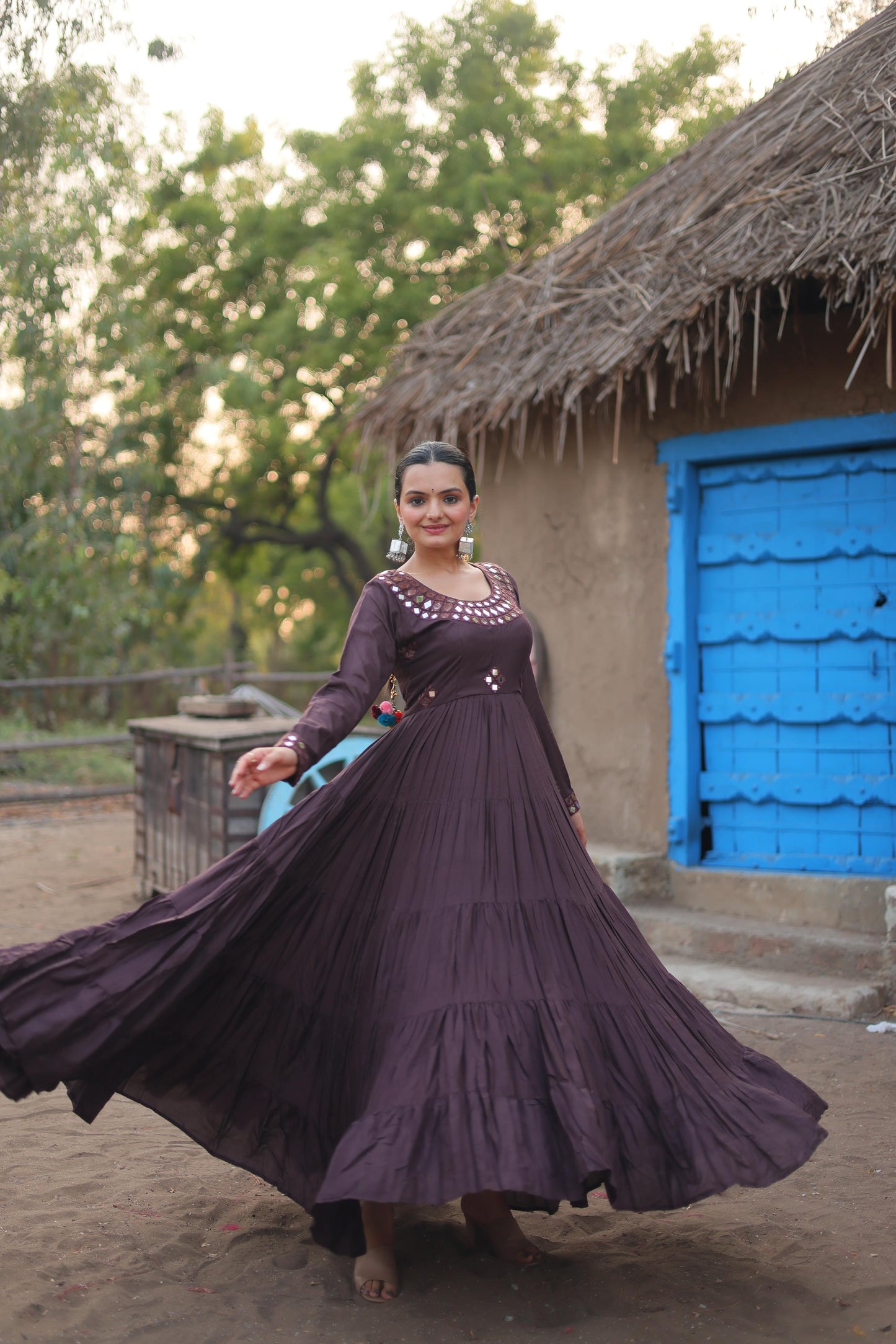 Lorenvalley Chocolate Rayon Fabric With Real Mirror Work Gown | Swadesiicart