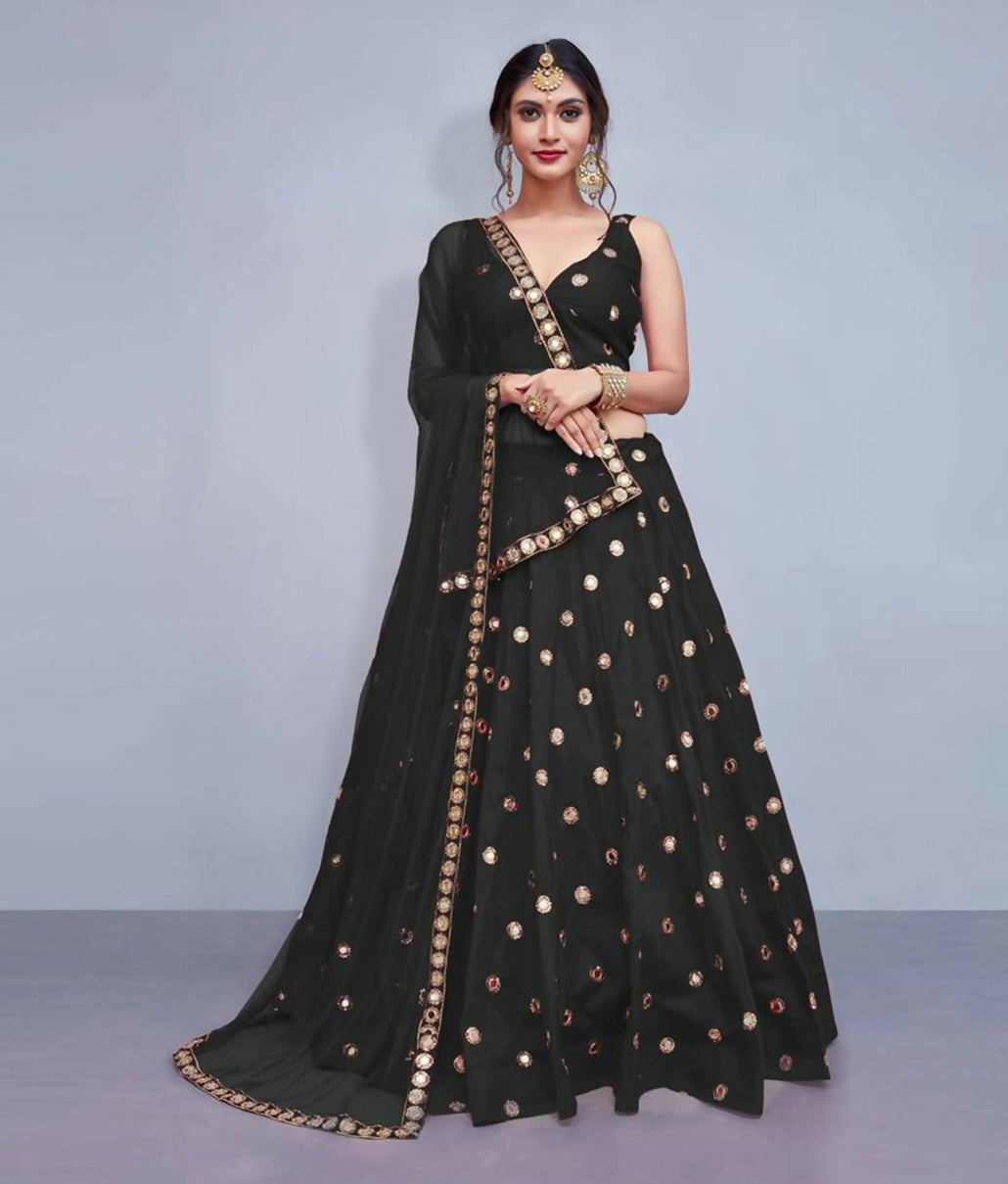 Jyoti Fashion Beautiful Black Embroidered with Mirror work Art Silk Party Wear Lehenga Choli with Dupatta | Swadesiicart