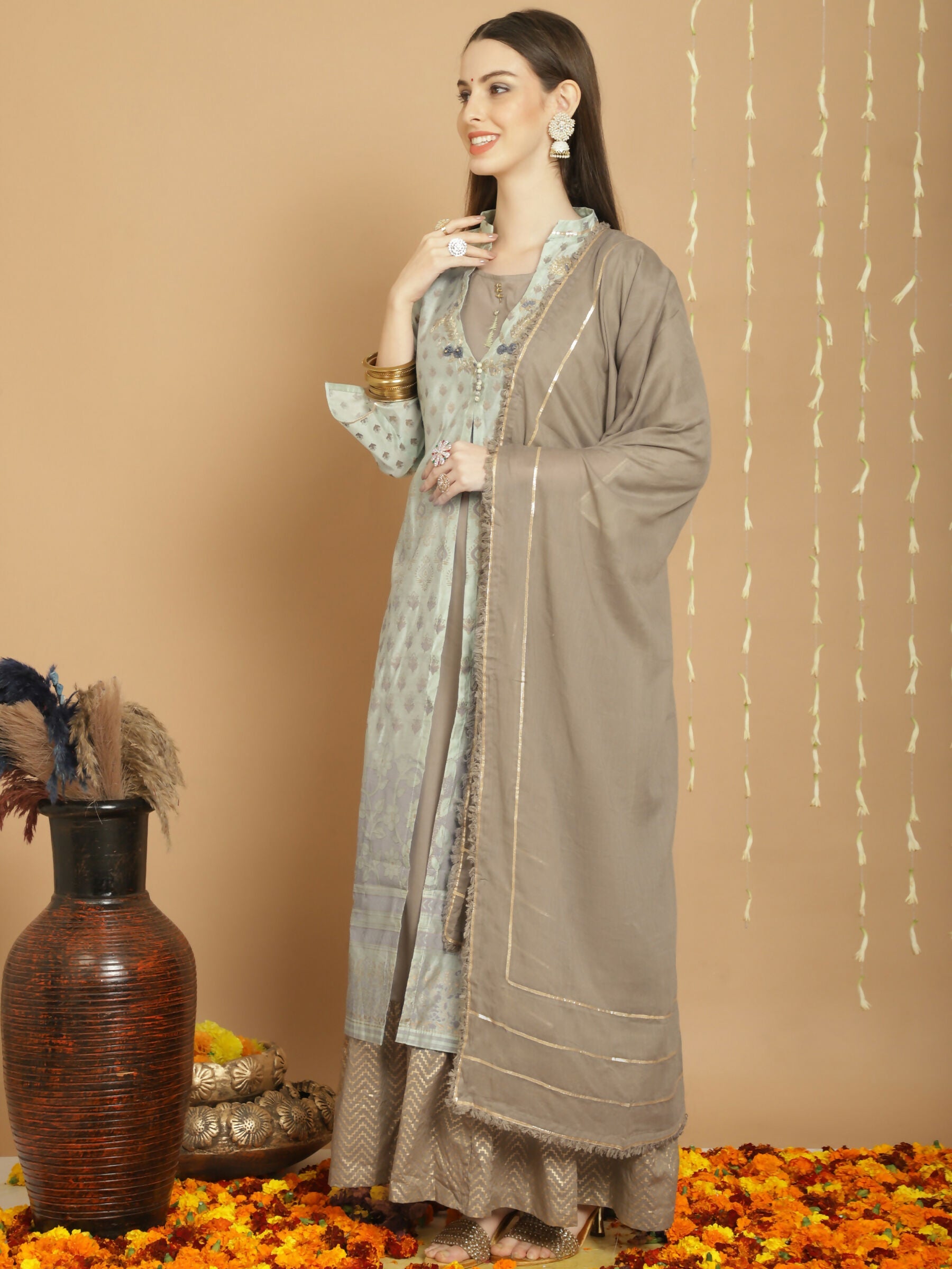Jyoti Fashion Women's Green Chanderi Silk Elegant Jardoshi Semi Kurta with Trouser & Dupatta | Swadesiicart