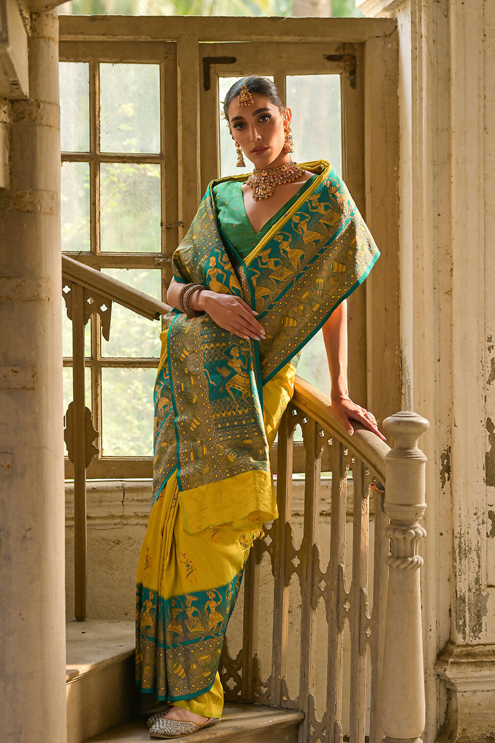 Vishnu Weaves Women's Yellow Banarasi Silk Kalamkari Zari Woven Saree with Blouse - Swadesiicart