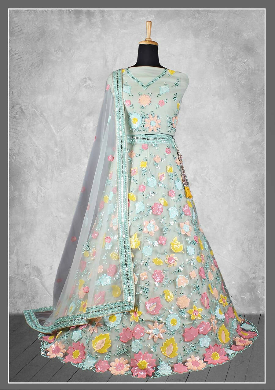 Sea Green Net, Satin Silk Cord And Sequins Floral Embroidery Semi-Stitched Lehenga Choli - Nimaya Kangan | Swadesiicart