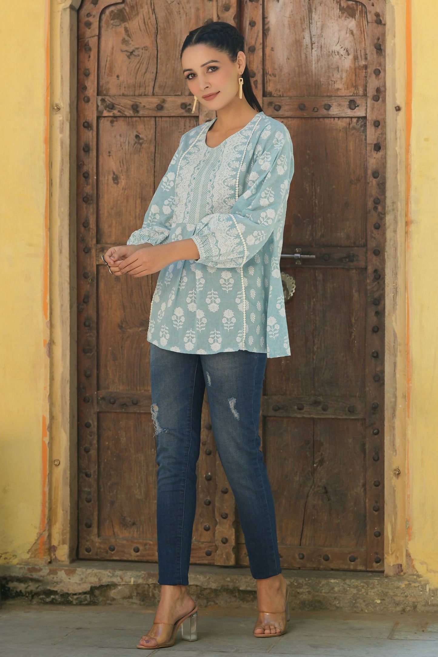 Juniper Women's Skyblue Cambric Placement Floral Printed Tunic | Swadesiicart