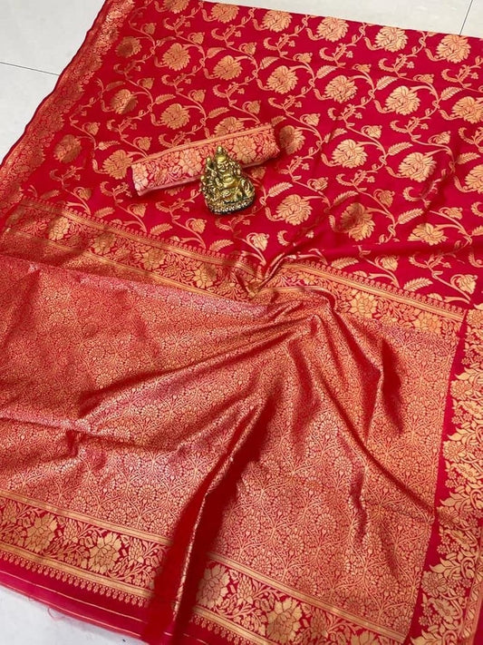 Vamika Weaving Banarasi Jacquard Red Kanjivaram Saree | Swadesiicart