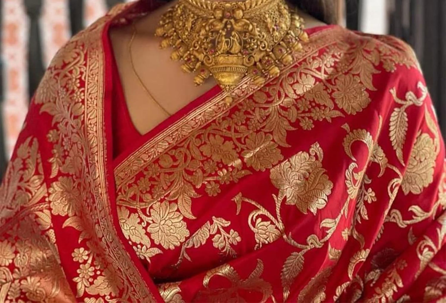 Vamika Weaving Banarasi Jacquard Red Kanjivaram Saree | Swadesiicart