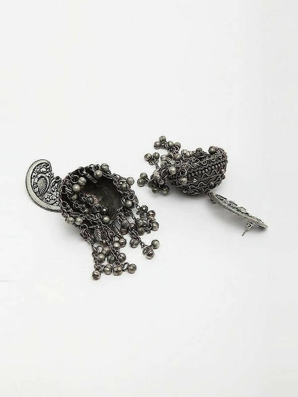 Peacock Shaped Tribal Design Oxidised Silver Plated Chandelier Jhumkas (VMC-PCK1) By House of Ree | Swadesiicart
