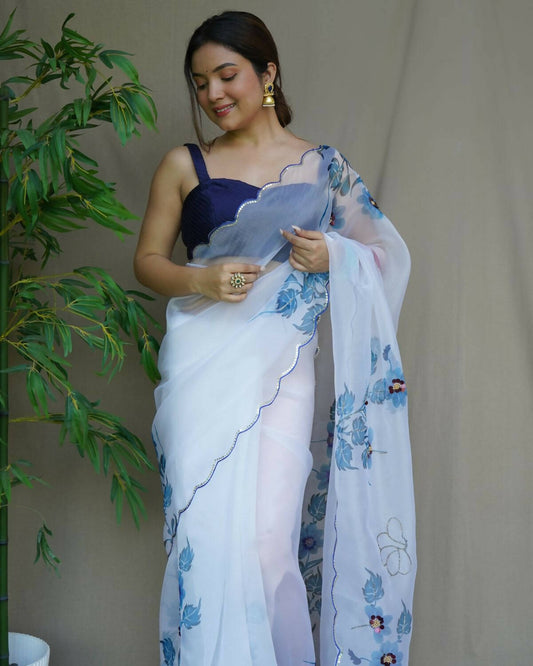 Vamsee White Organza Saree - Swadesiicart