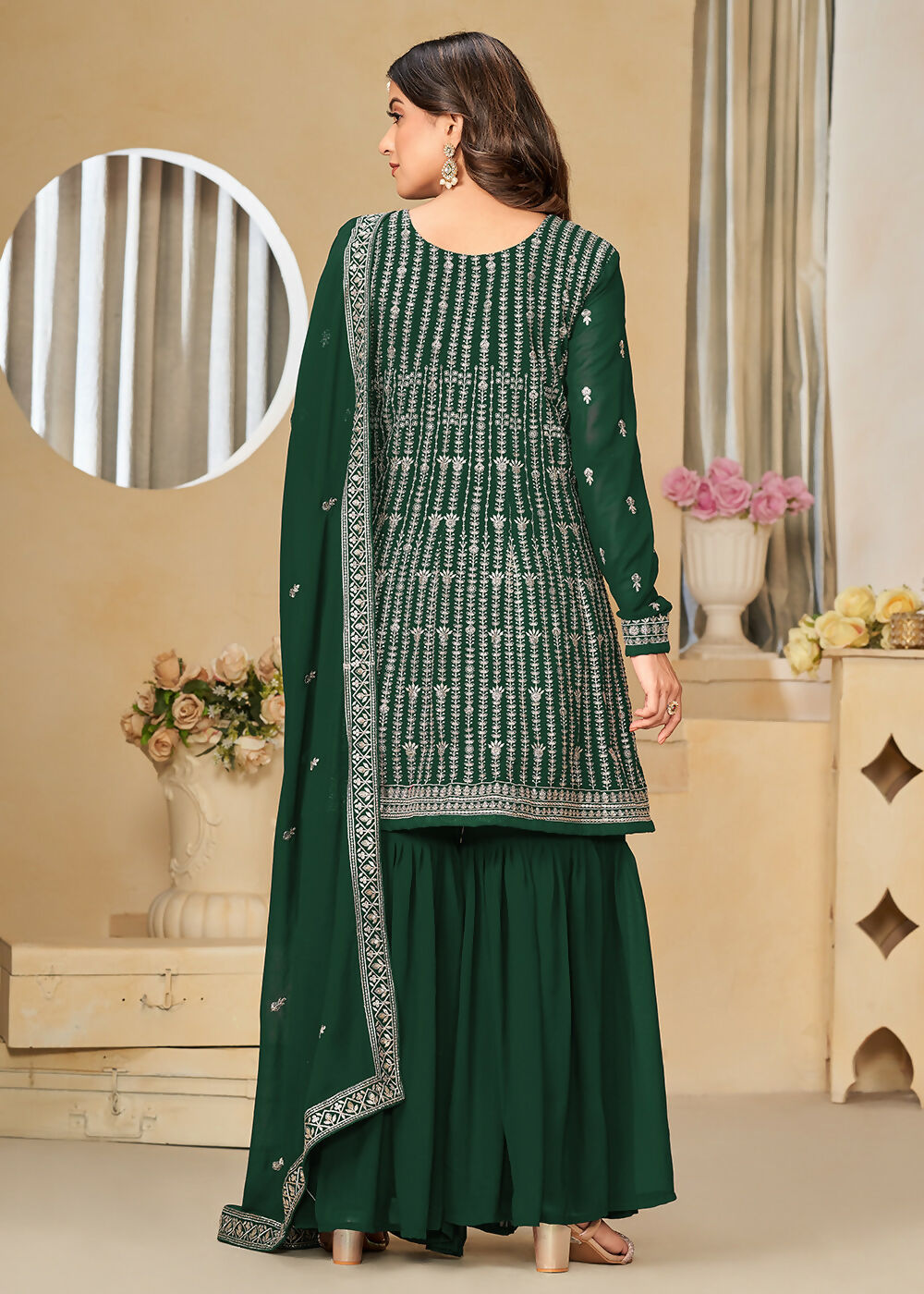 Faux Georgette Green Embroidered Gharara Style Suit - Emponline | Swadesiicart