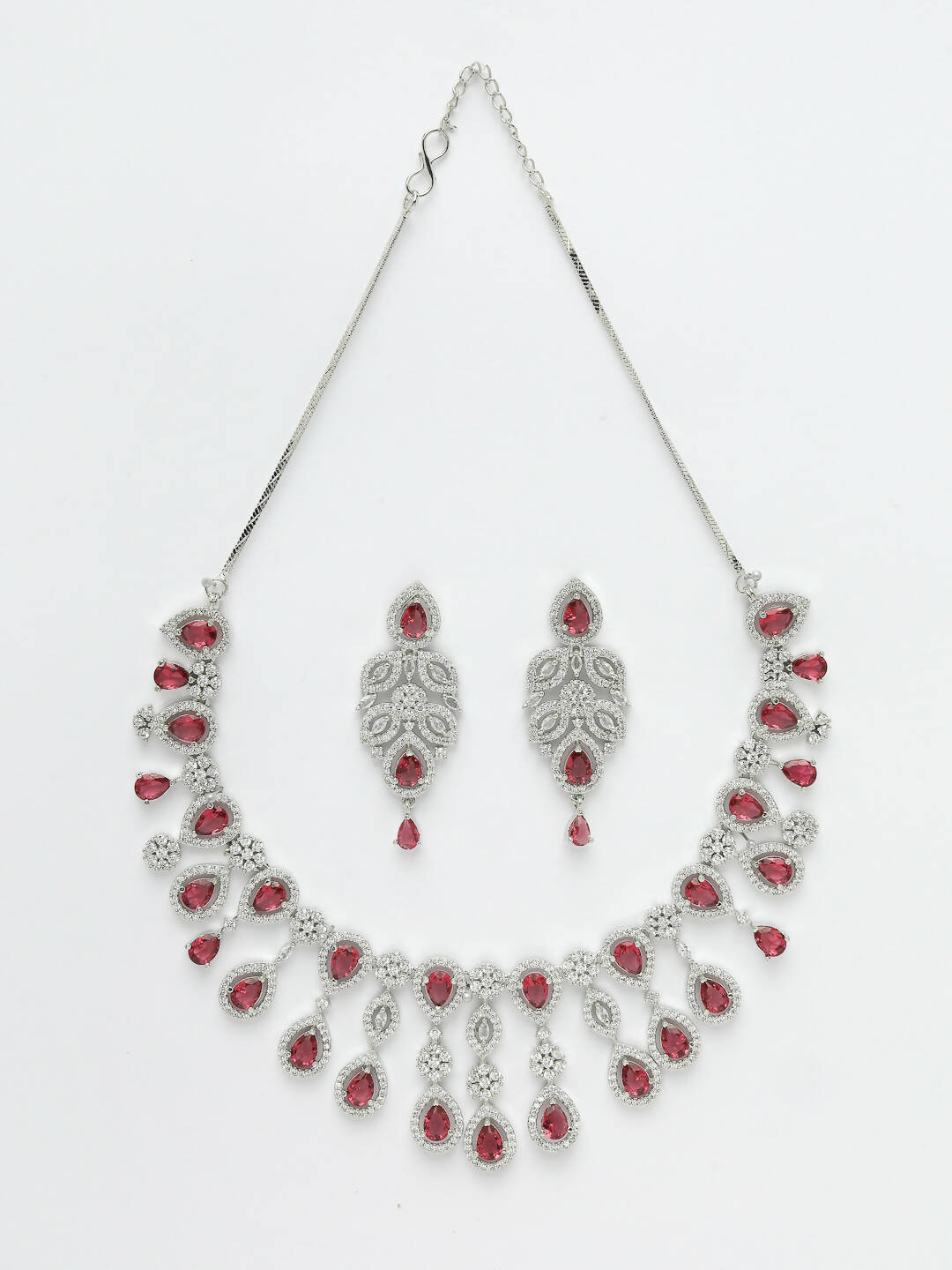NVR Women Silver Plated & Maroon Cz Stone Handcrafted Jewellery Set - Swadesiicart