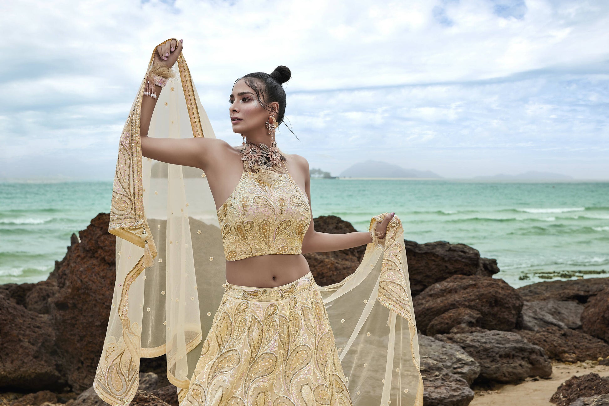 House of Panchhi Cream Net Multi Sequins with heavy Zarkan embroidery Lehenga choli & Dupatta | Swadesiicart