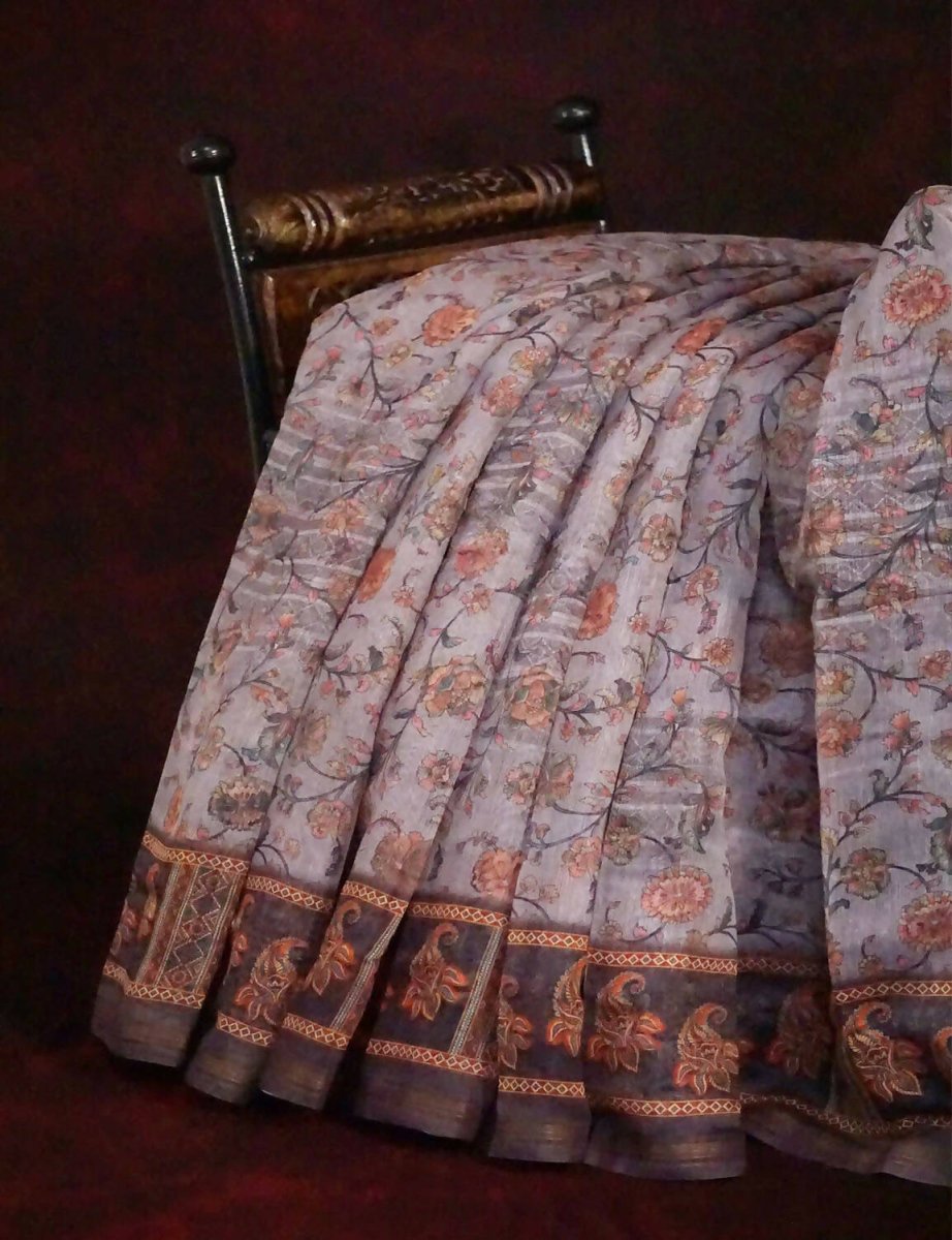 Baby Brown Mix With Pink Floral Design Printed Semi Chanderi Saree By Gayathri Reddy Designer Studio | Swadesiicart