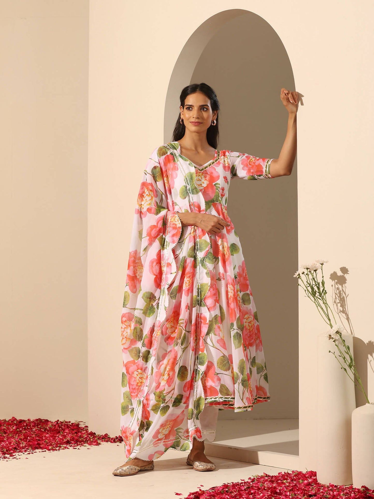 Pomcha Jaipur White Gul Noor Anarkali Set | Swadesiicart