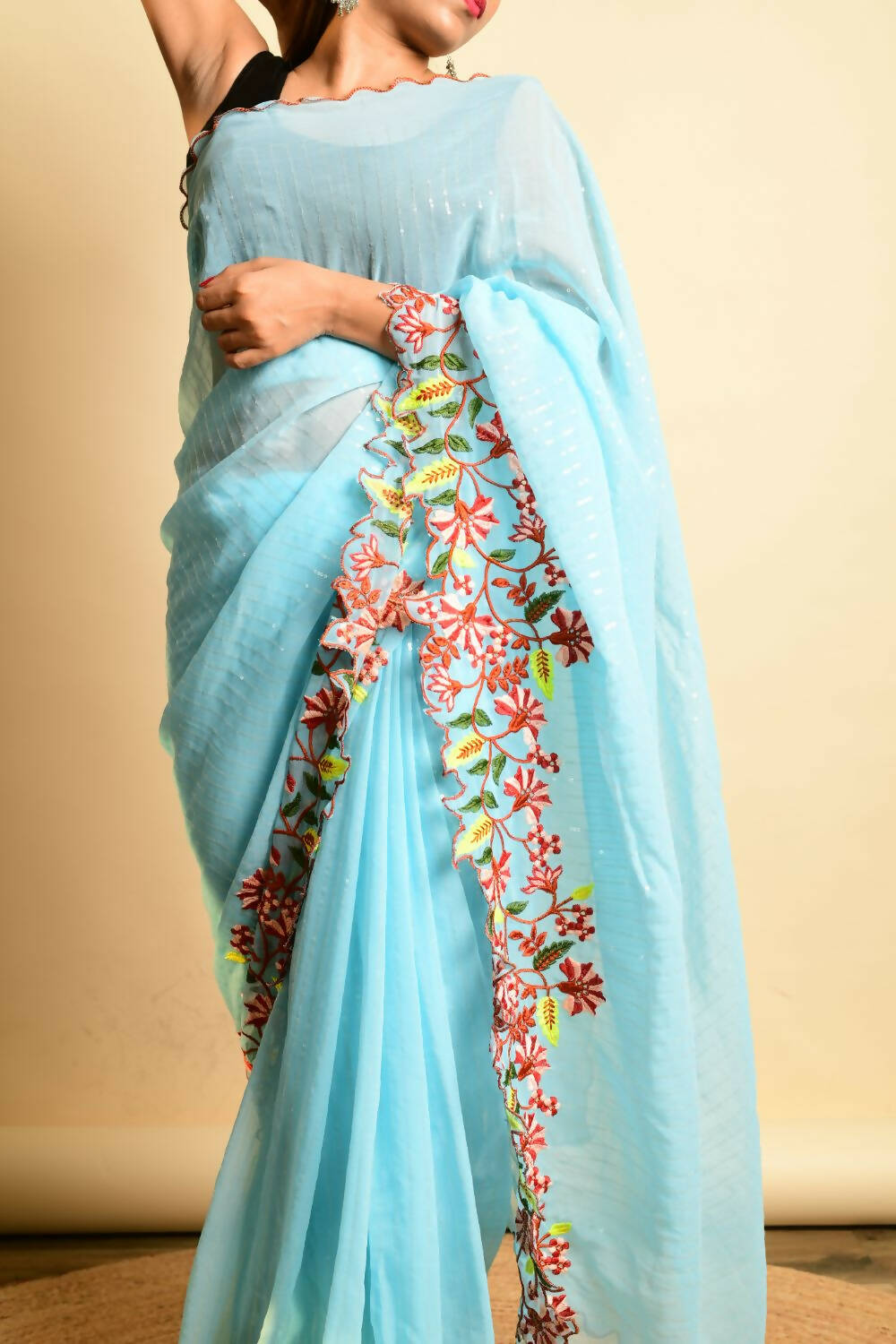 Vamsee Sky Blue Georgette Designer Saree - Swadesiicart