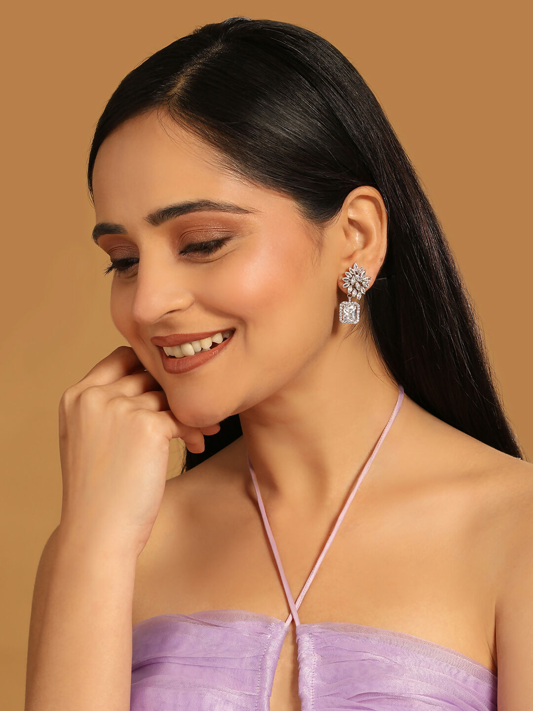 Nuyug Rhodium-Plated Rhinestone Studded Floral Minimal Cotemporary Studs | Swadesiicart