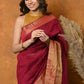 Very Much Indian Handloom Pure Cotton Linen Saree With Golden Border - Maroon | Swadesiicart
