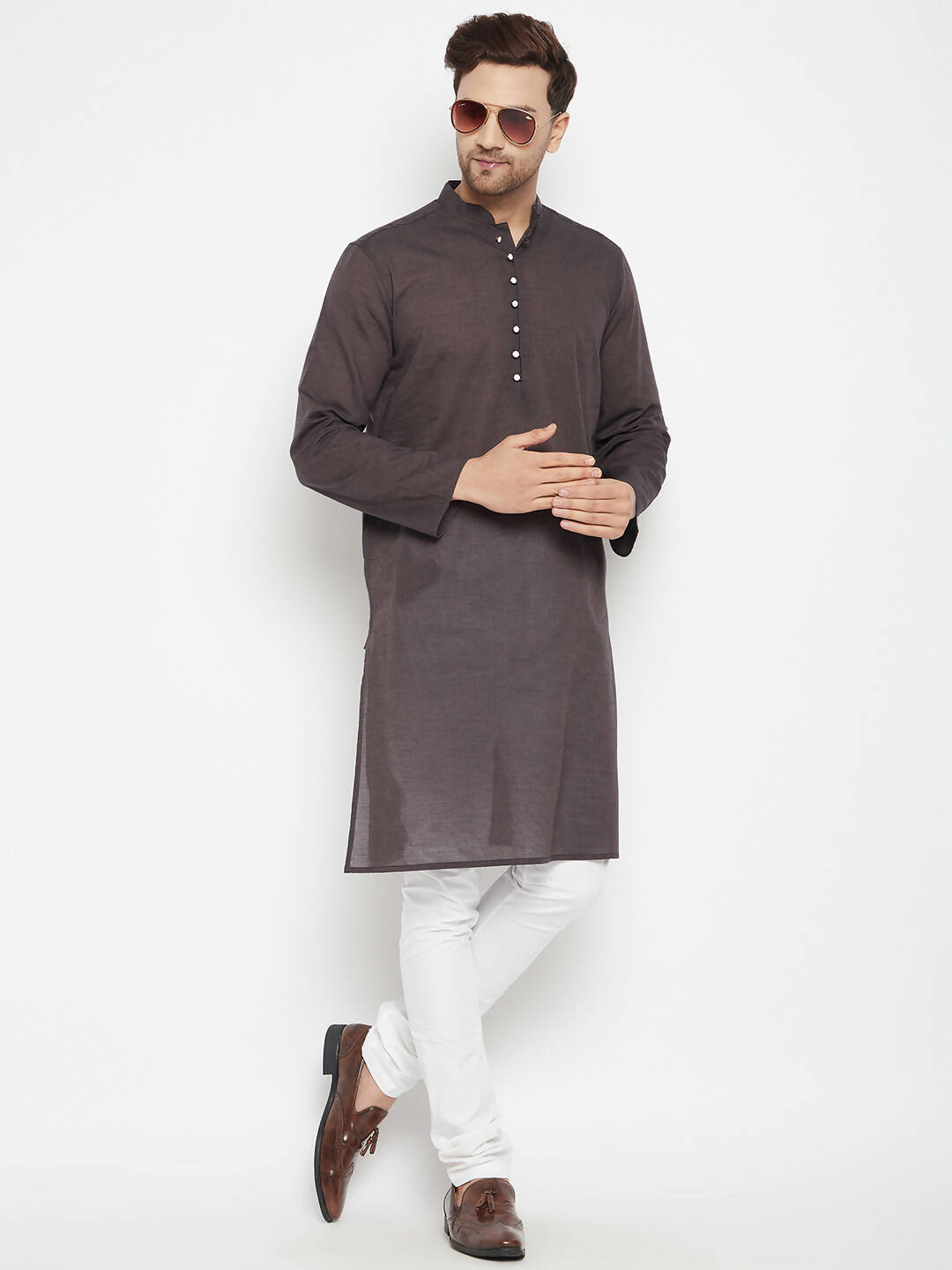 Even Apparels Brown Pure Cotton Long Men's Kurta With Band Collar | Swadesiicart