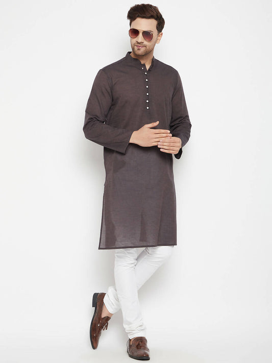 Even Apparels Brown Pure Cotton Long Men's Kurta With Band Collar | Swadesiicart