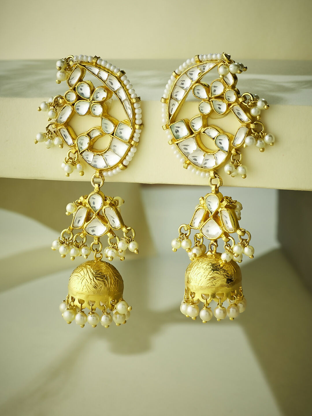 Nuyug 22K Gold-Plated Elegant Kundan Stone Studded & Pearl Drops Mini Jhumki Dangler Earrings | Swadesiicart